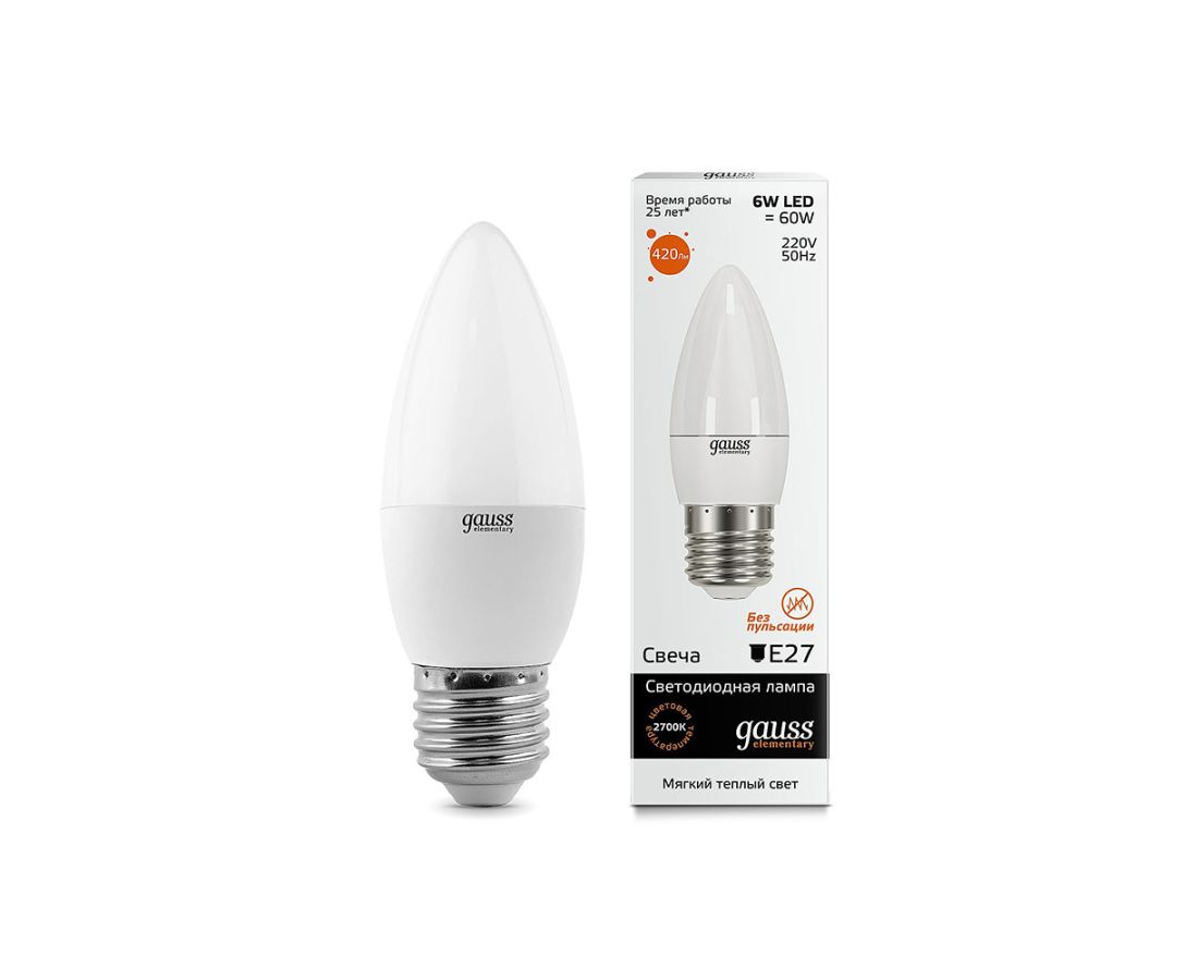 ლედ ნათურა Candle 6W E27 2700K gauss el - 33216 — ნათურა და ვაზნა